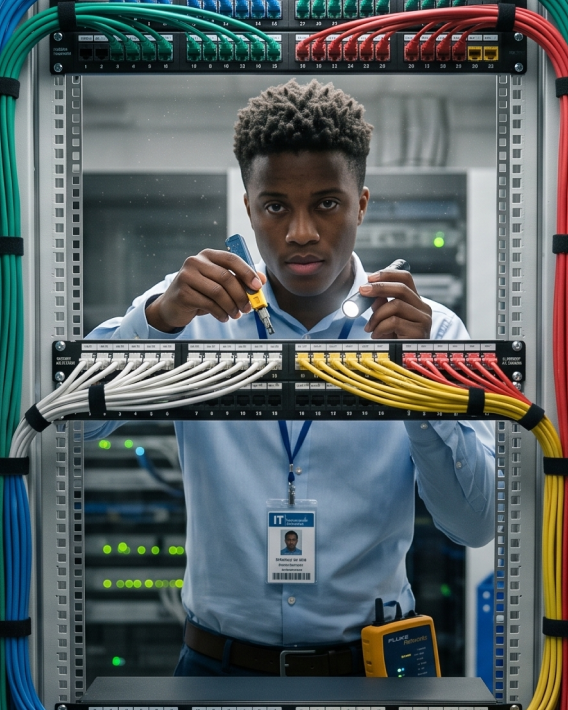 Técnico de TI trabalhando em infraestrutura de rede